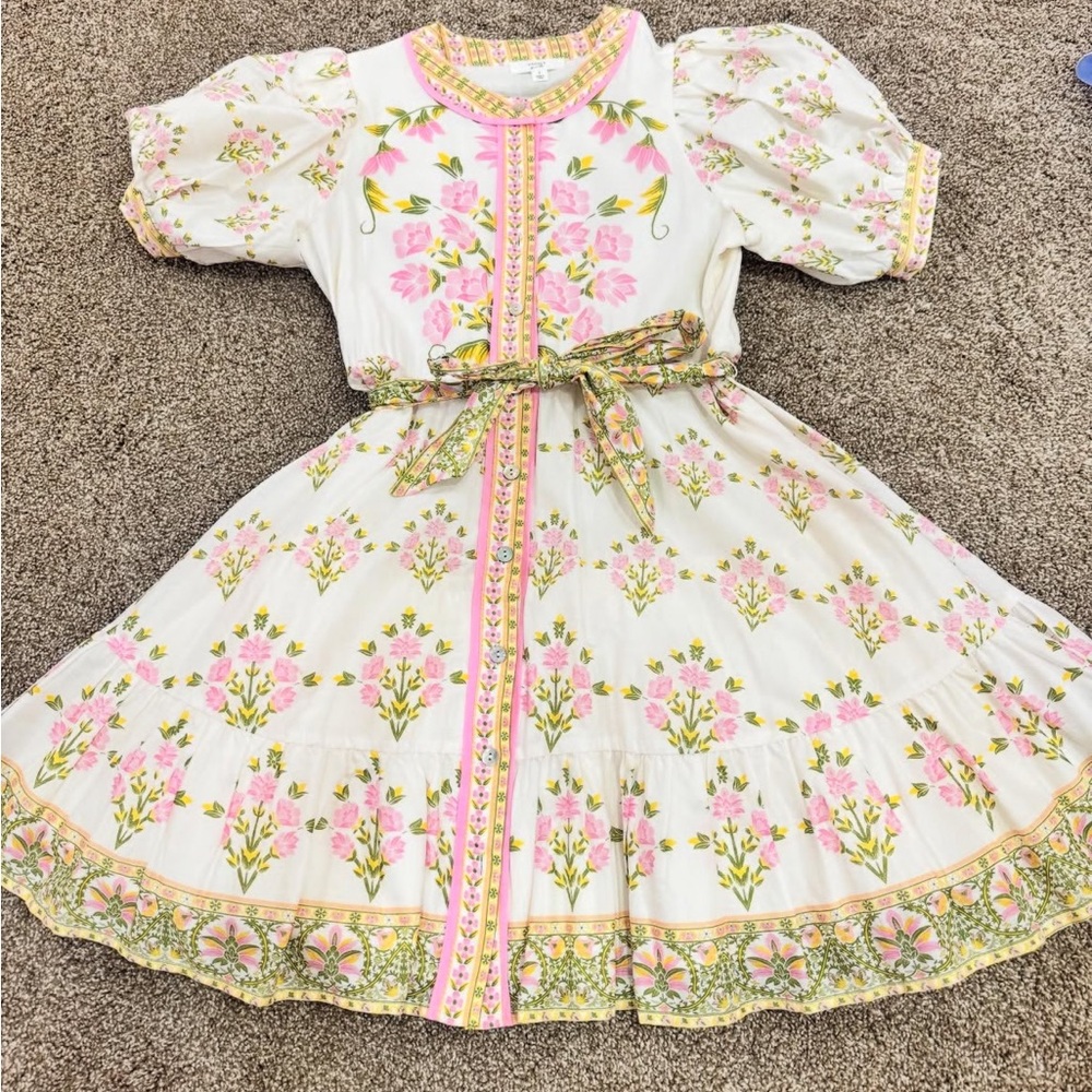 Floral Kids Dress with Pink and Green Accents